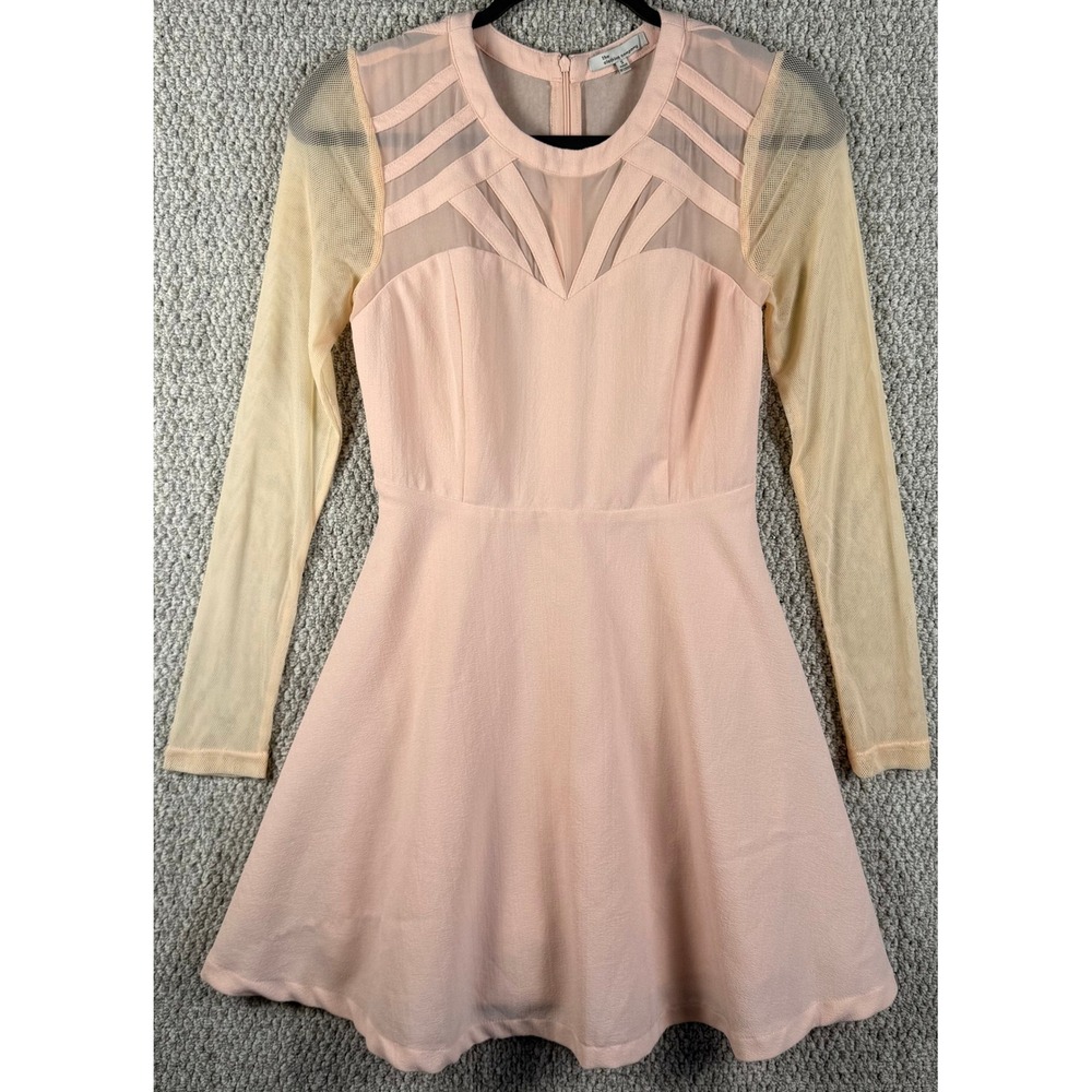 The Clothing Company Skater Dress S Pink Mesh Long Sleeve Cutout Fit Flare Party